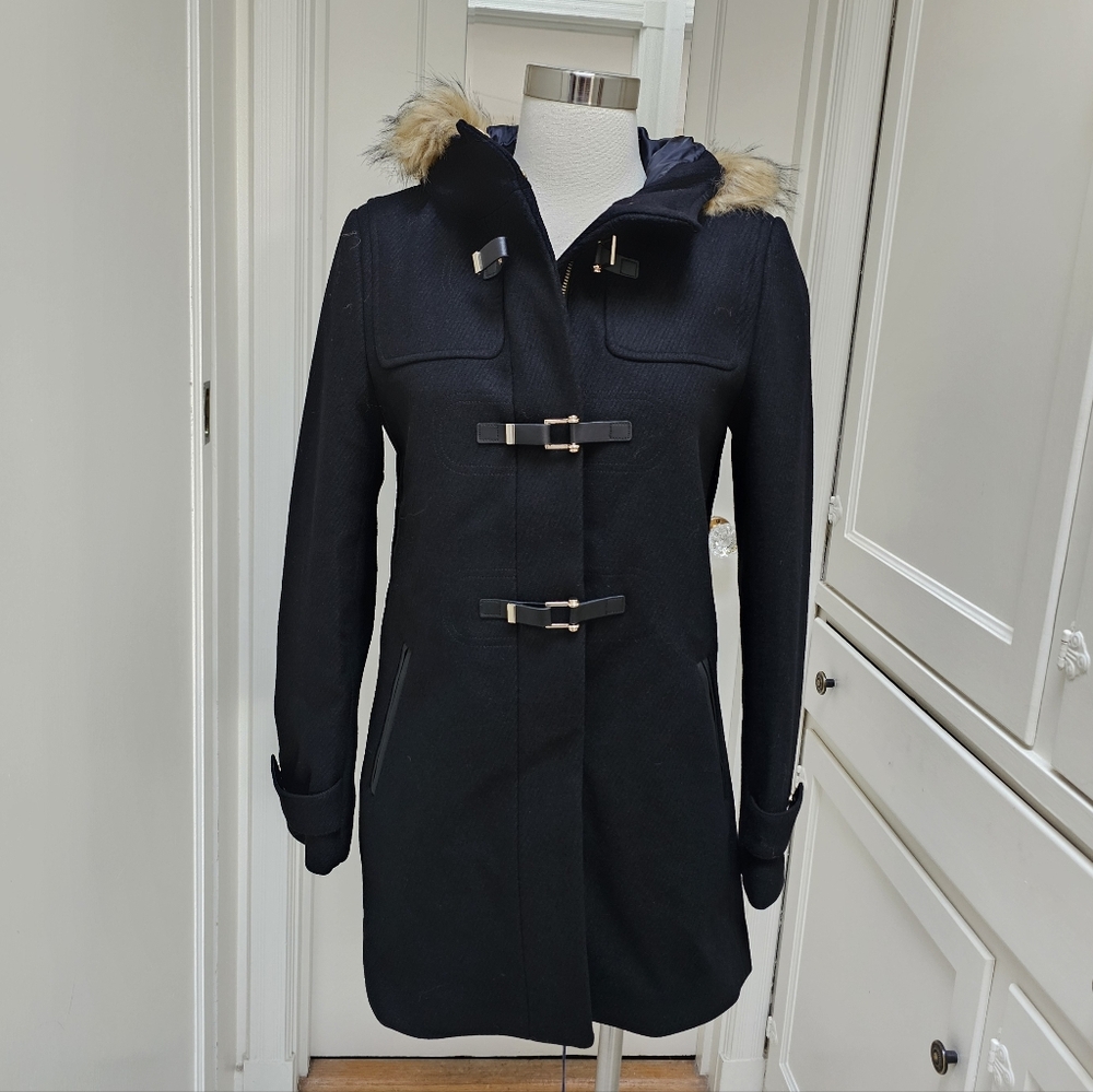 New! Cole Haan Sz 6 Wool Blend Faux Fur Trim Hooded Black Coat